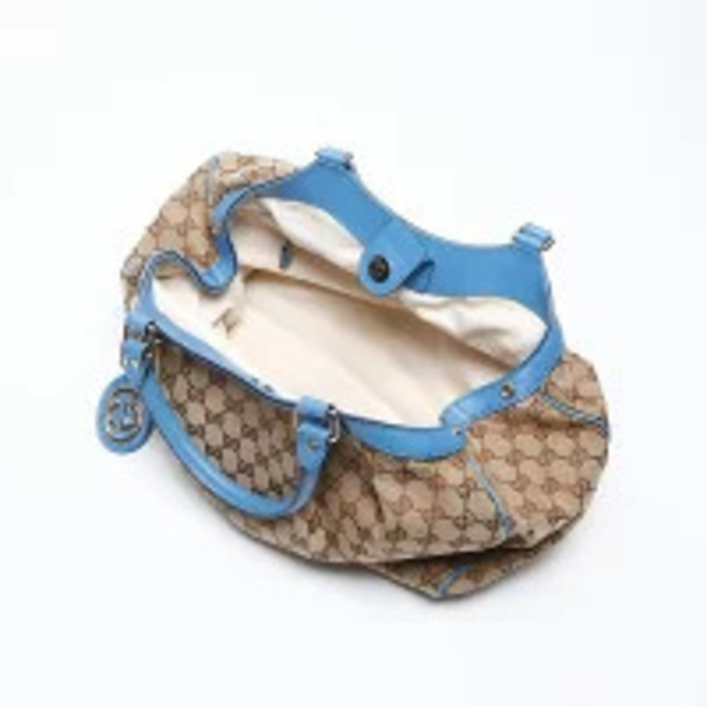 Gucci GG Canvas Sukey Blue Leather Handbag Beige - Picture 12 of 13